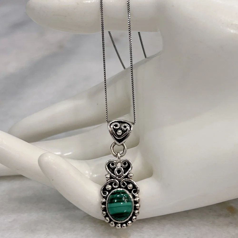 Malachite Sterling Silver Pendant 18” Necklace